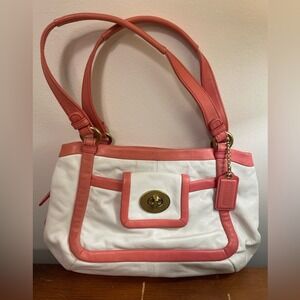 Coach Cricket Top Handle Satchel Coral and White Leather Style‎ No 13601 EUC